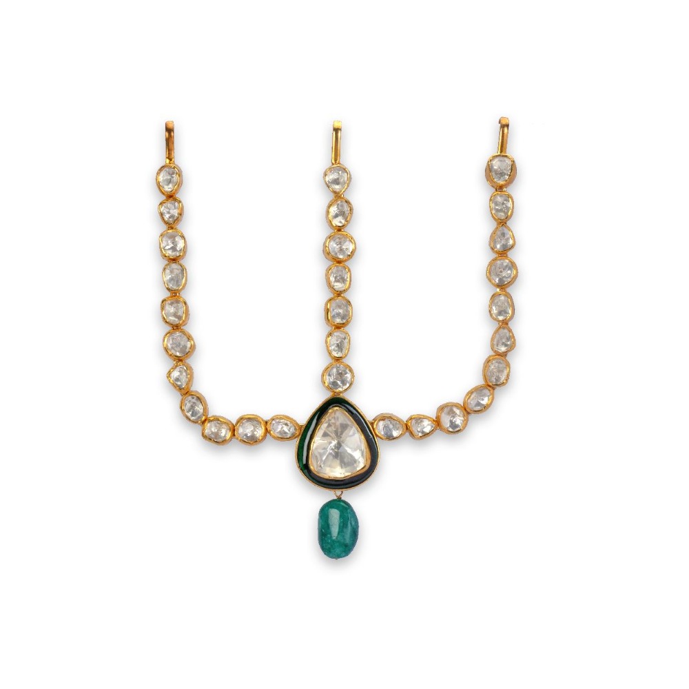 Shehnai 925 silver moissanite & emerald stone hair chain