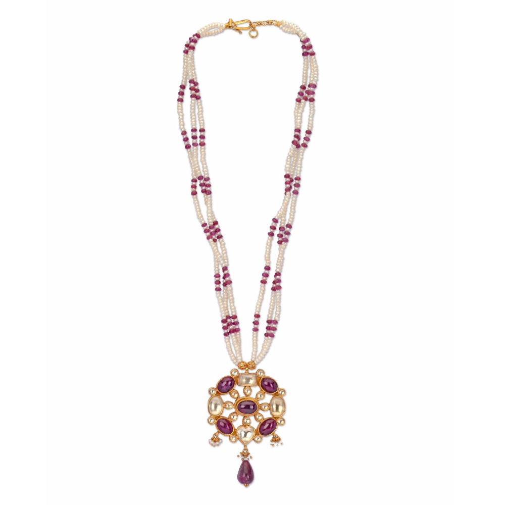 925 silver elegant khakho moti pendant set with ruby stone