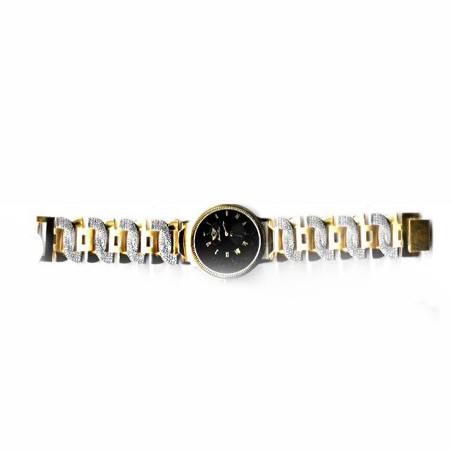 Gold belt with black dial watch