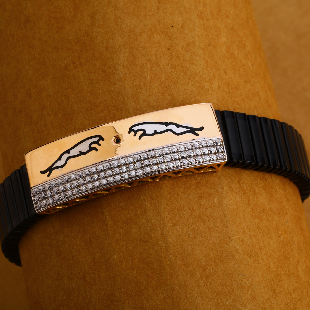 18KT Rose Gold CZ Mens Exclusive Leather Bracelet MLB203