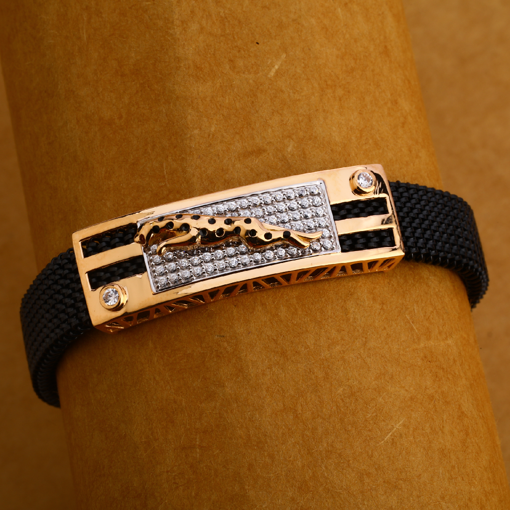 18KT Rose Gold CZ Mens Designer Leather Bracelet MLB205