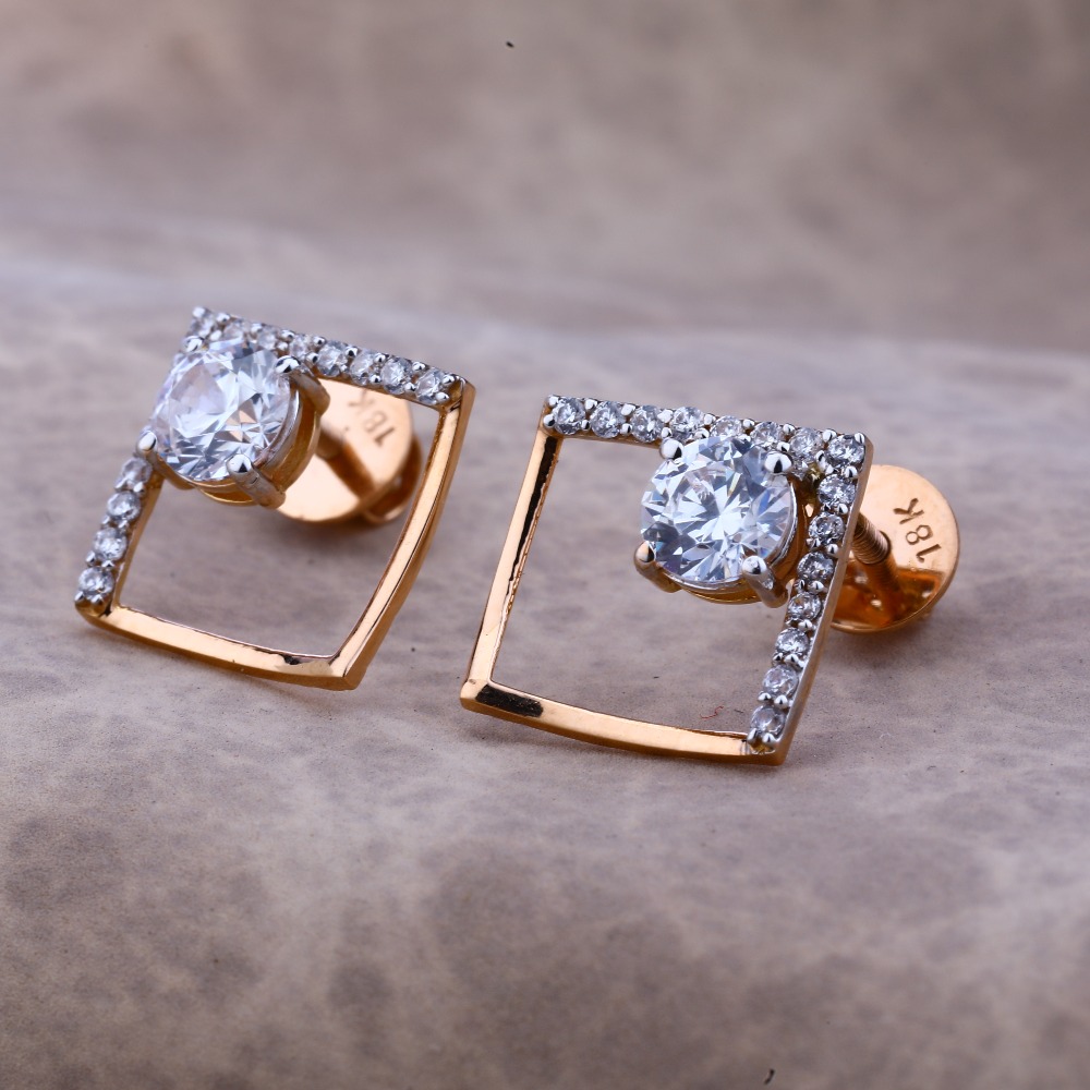 Ladies 18K Rose Gold Square Single Stone Earring -RE65