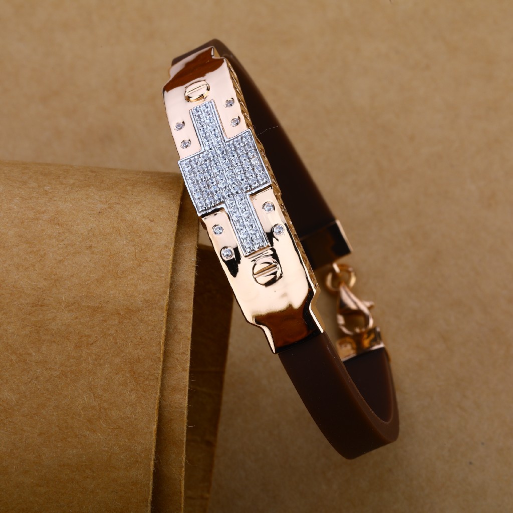 Mens Rose Gold Cz Leather Bracelet-MLB51
