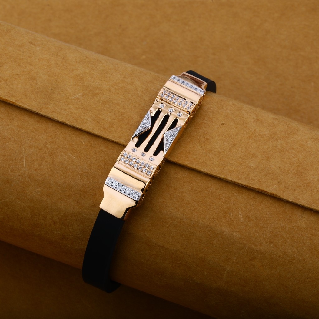 Mens Rose Gold Daily Wear Cz 18K Leather Bracelet-MLB04
