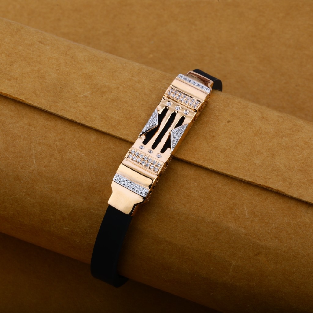 Mens Rise Gold 18K Designer Cz Leather Bracelet-MLB04