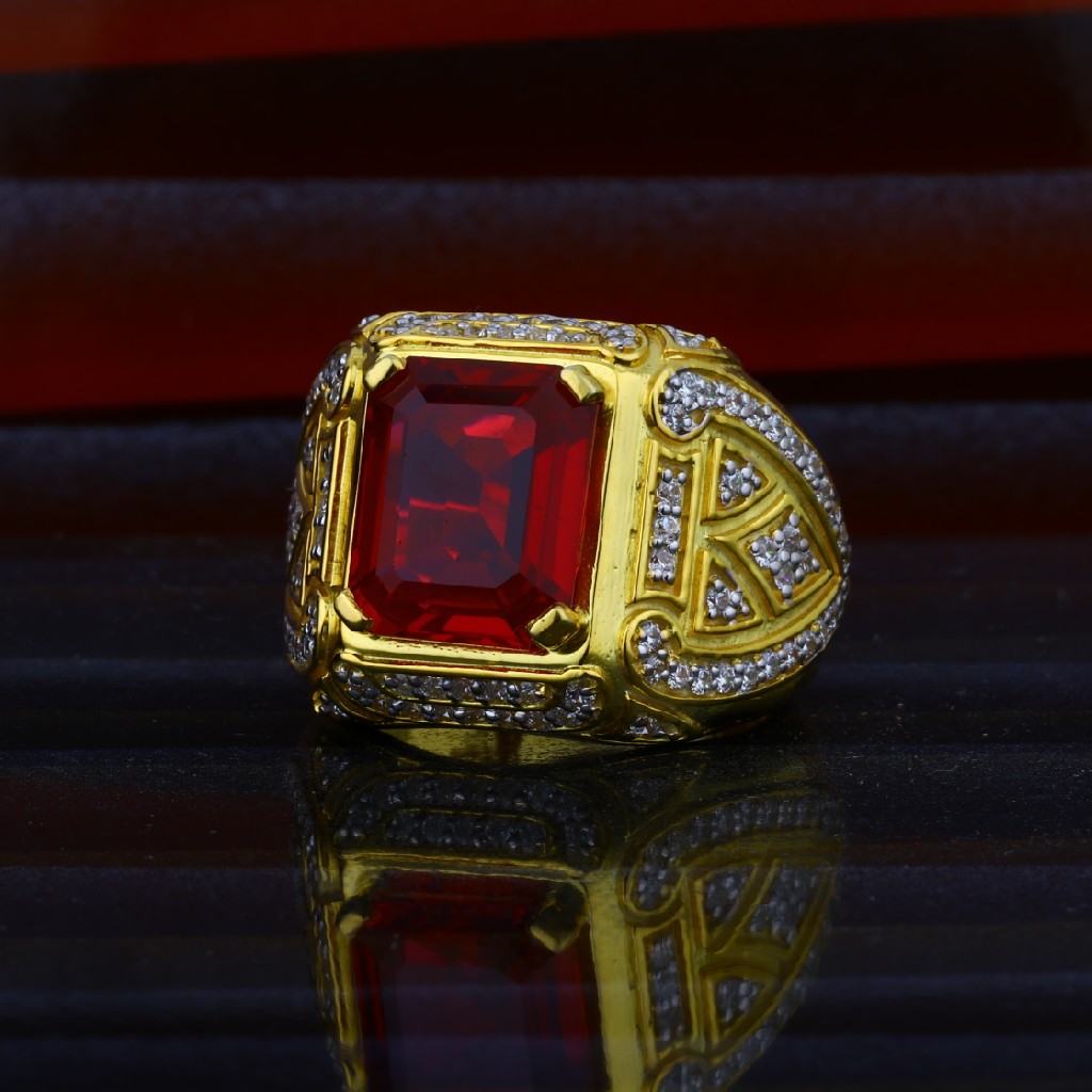 Mens 22ct Simple Red Stone Gold Ring-MHR11