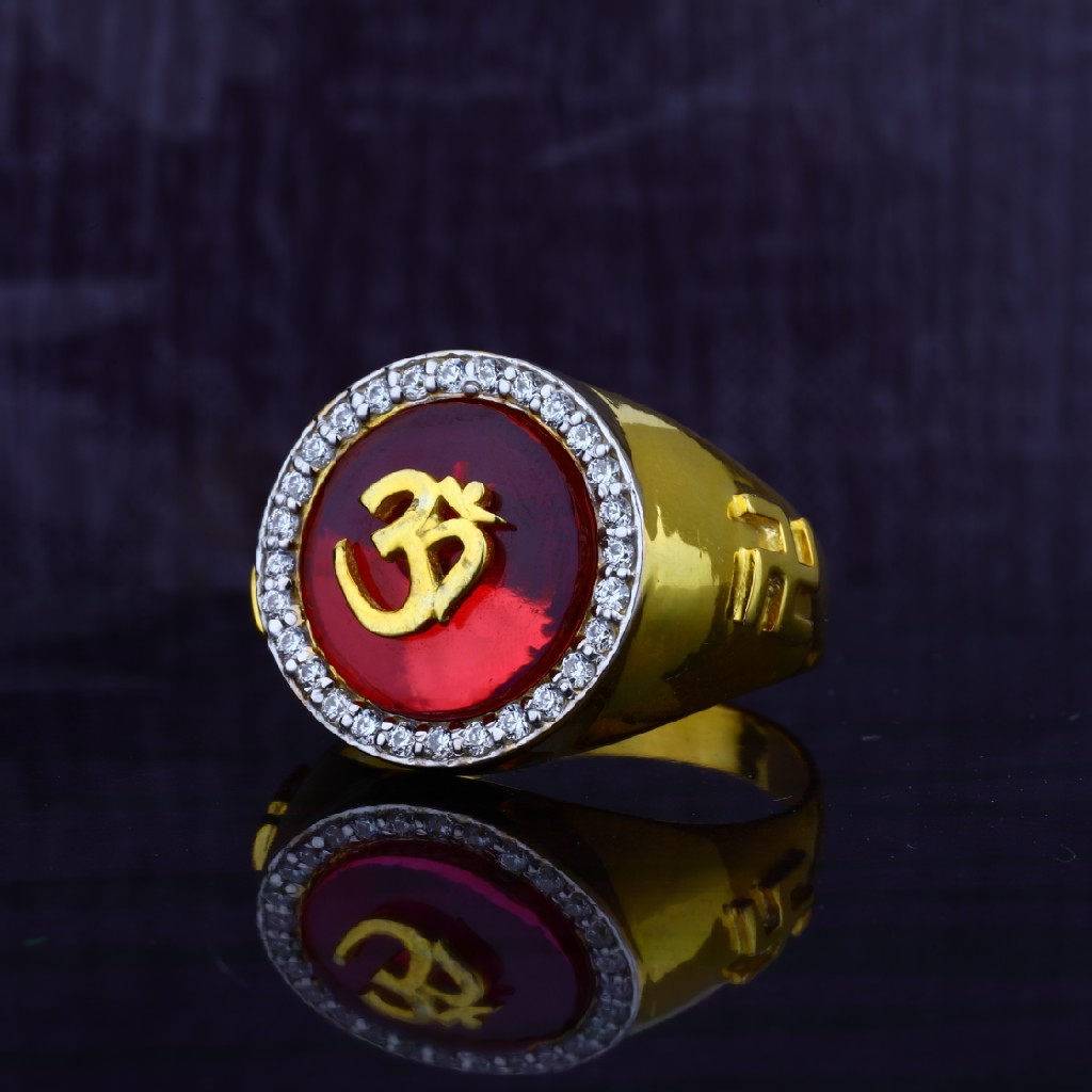 Mens Fancy Red Stone Om God Gold 22ct Ring-MGR43
