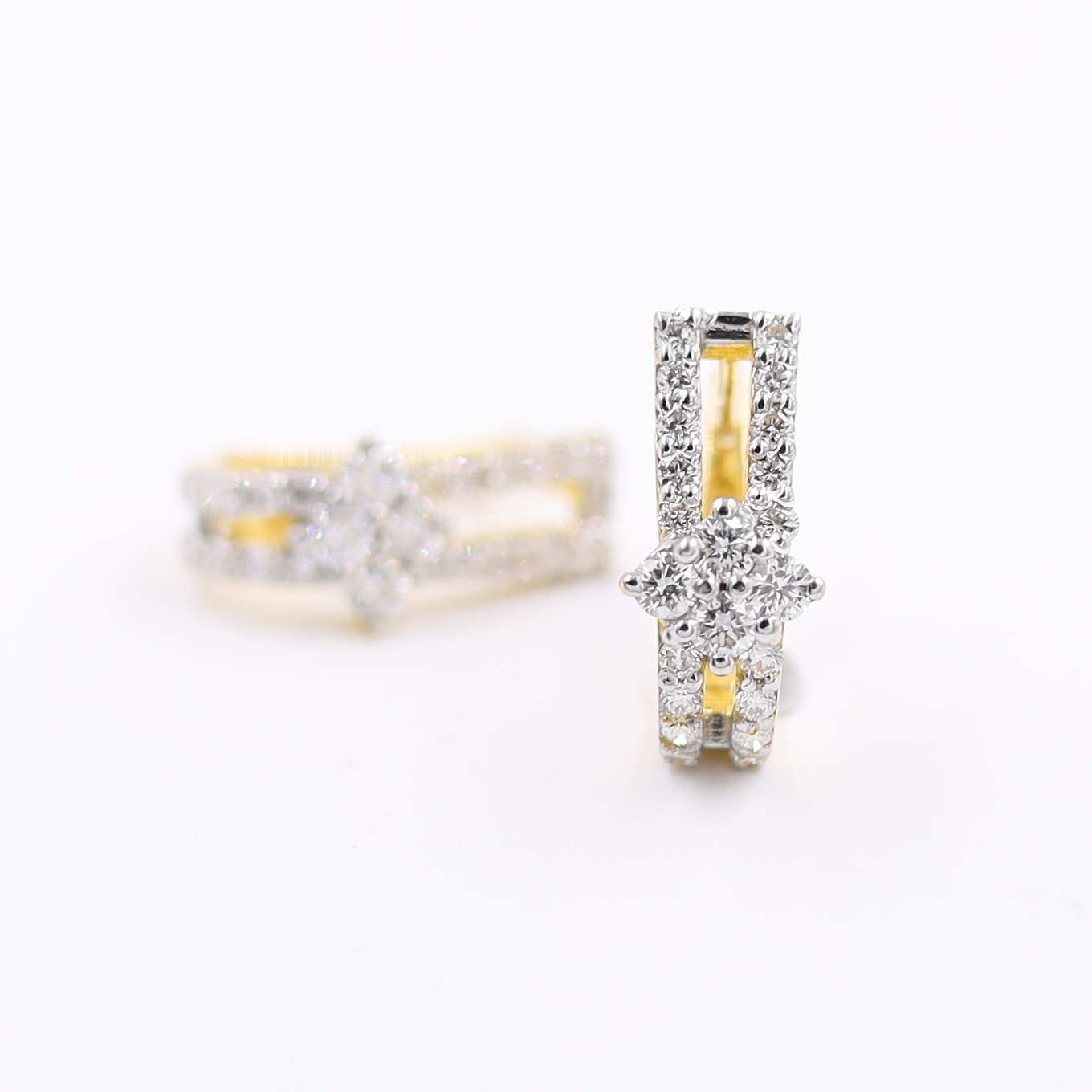 Double Line Flower Diamond Hoop Bali Earrings