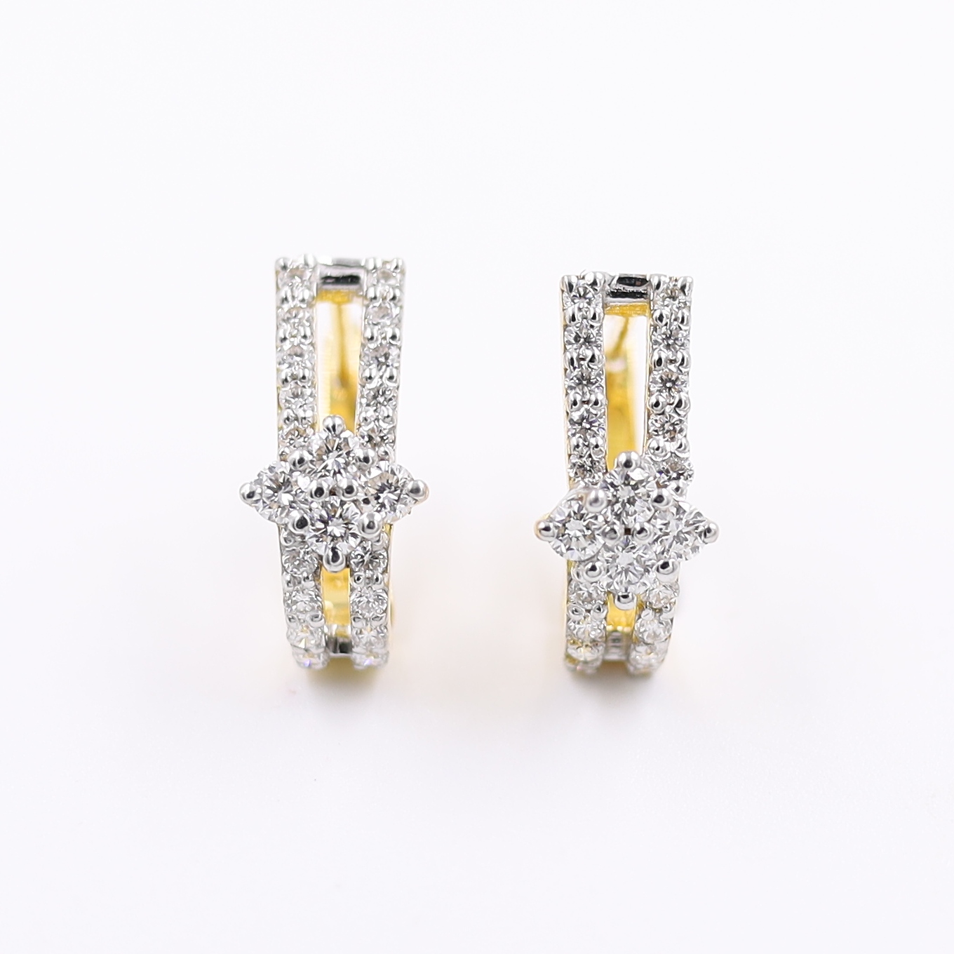 Double Line Flower Diamond Hoop Bali Earrings