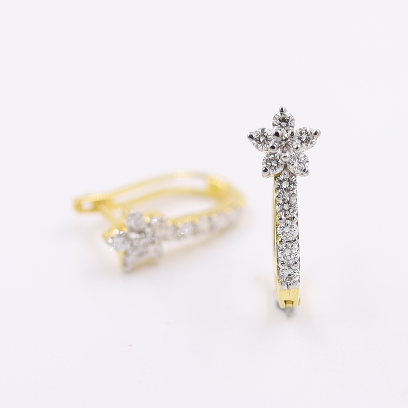 18KT Flower Diamond Hoop Bali Yellow Gold Earrings