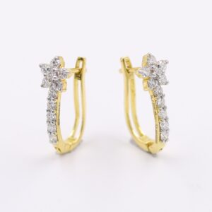 18KT Flower Diamond Hoop Bali Yellow Gold Earrings
