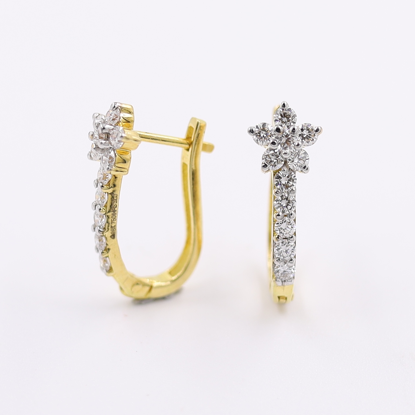 18KT Flower Diamond Hoop Bali Yellow Gold Earrings