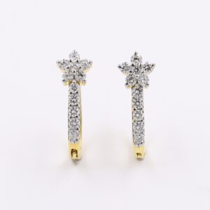 18KT Flower Diamond Hoop Bali Yellow Gold Earrings