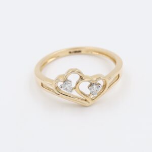 14Kt Rose Gold Ring In Shape Of Hearts With Two Diamond on It
