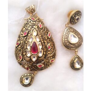 916 gold antique pink stone pendant set 002