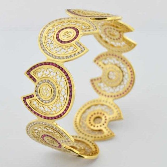 916 Laser Gold Indian CNC CZ Stone Natural Bangles