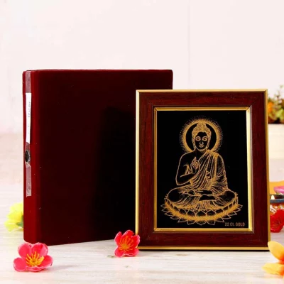 24 kt gold gautam buddha wooden frame