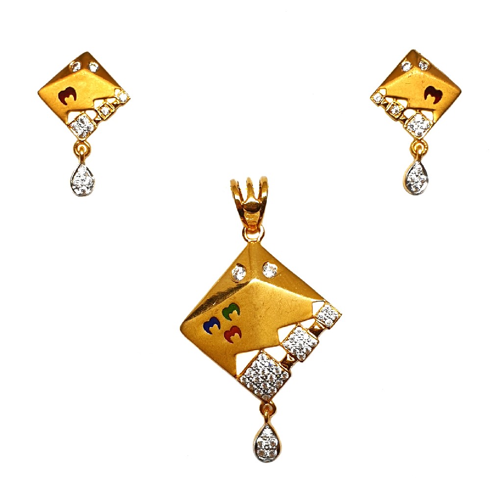 22K Gold Square Shaped Meenakari Pendant Set MGA - PTG0131
