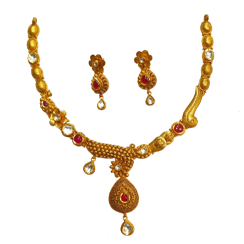 22K Gold Antique Flower Shaped Half Necklace Set MGA - GN0091