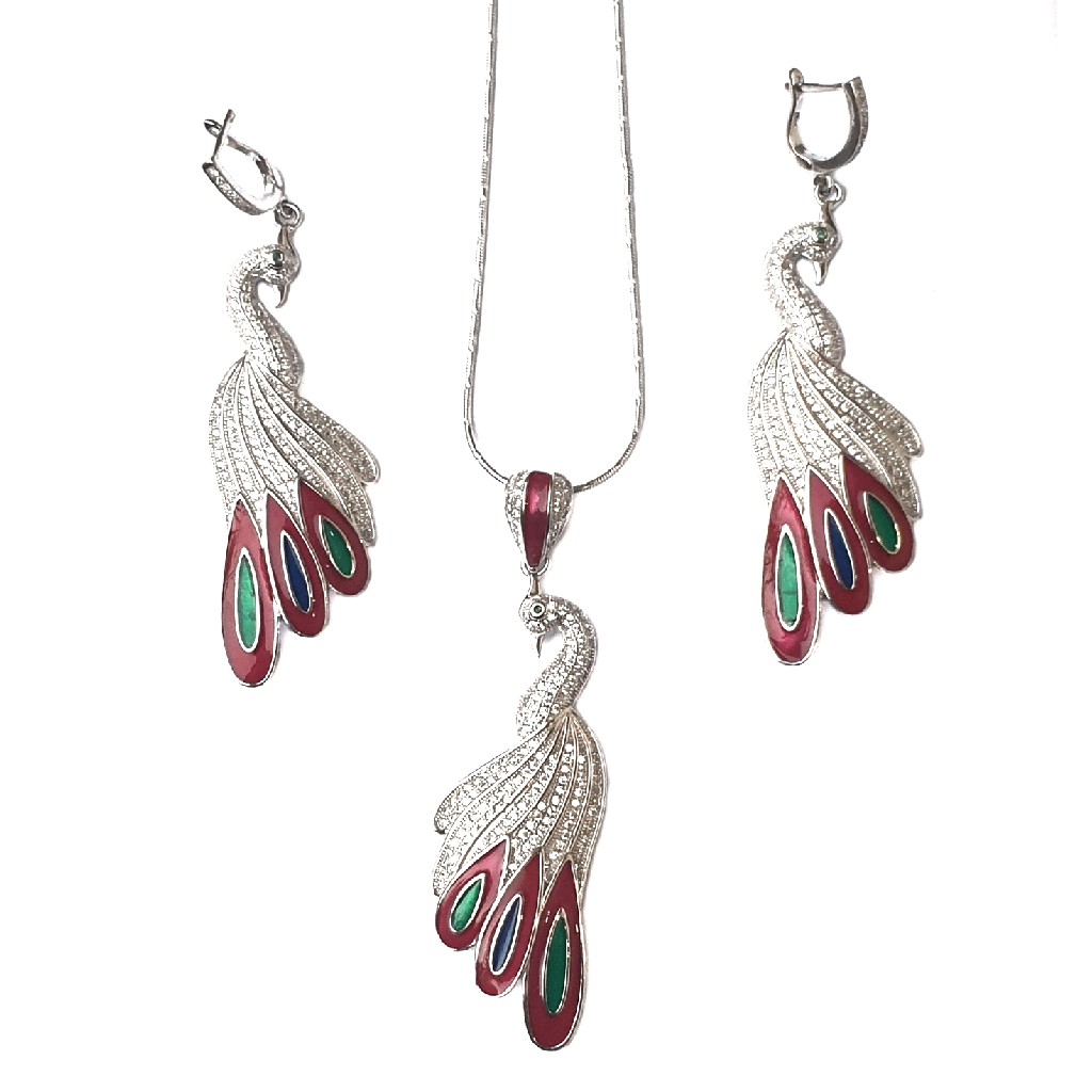 925 Sterling Silver Peacock Shaped Meenakari Necklace Set MGA - NKS0015