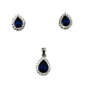 925 Sterling Silver Pear Shape Blue Diamond Pendant Set MGA - PTS0029