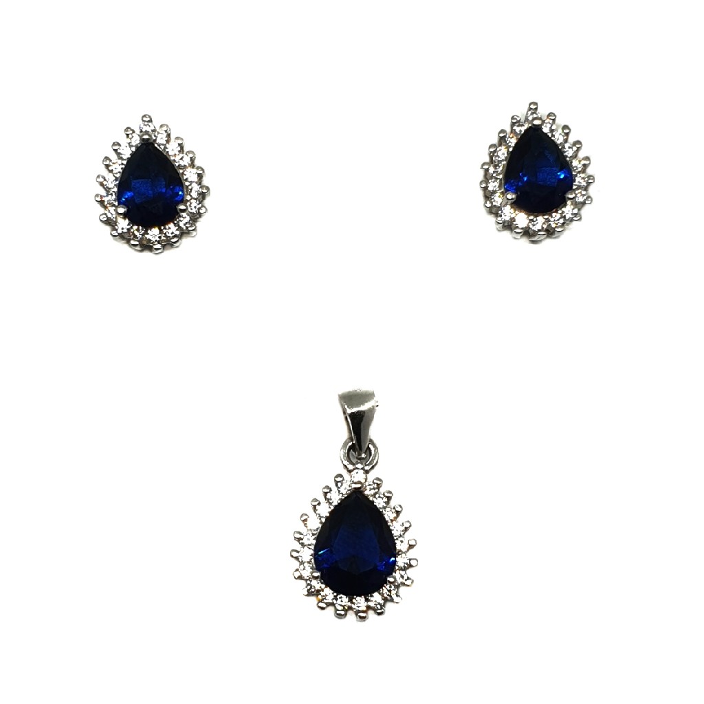 925 Sterling Silver Pear Shape Blue Diamond Pendant Set MGA - PTS0029