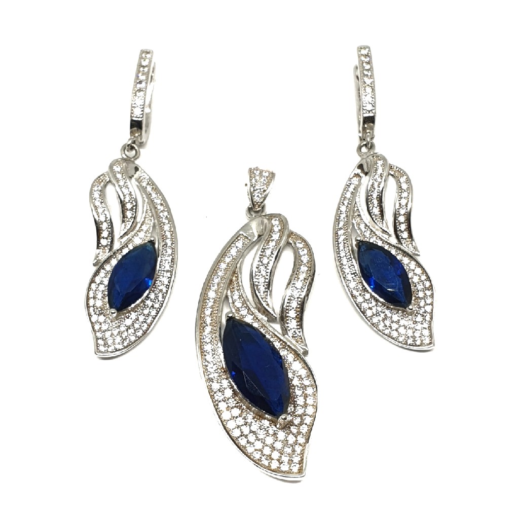 925 Sterling Silver Blue Stone Modern Pendant Set MGA - PTS0010