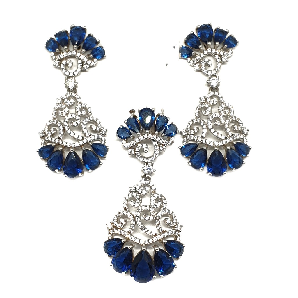 925 Sterling Silver Blue Stone Pendant Set MGA - PTS0017