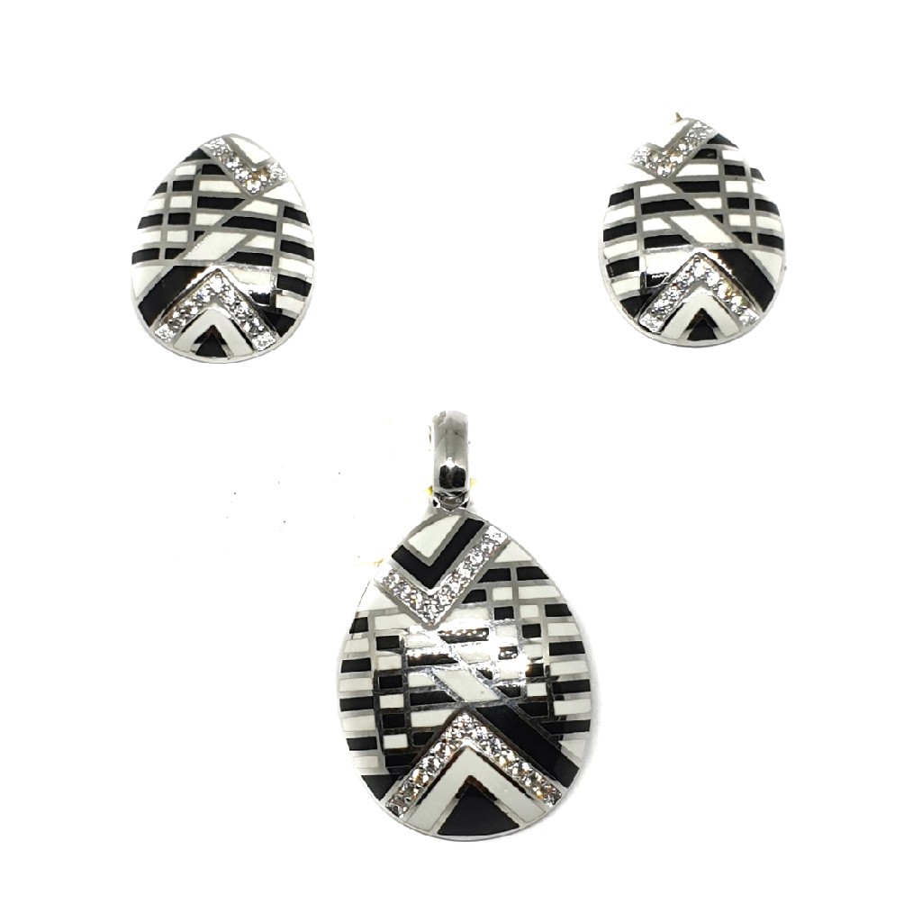 925 sterling silver black and white meenakari pendant set mga - pts0089
