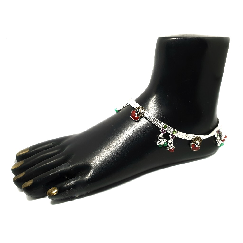 Heart Shape Meenakari Peacock Silver Payal MGA - PLS0195