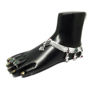 Flower Shape Red And Green Stone Bridal Anklet Payal MGA - PLS0319