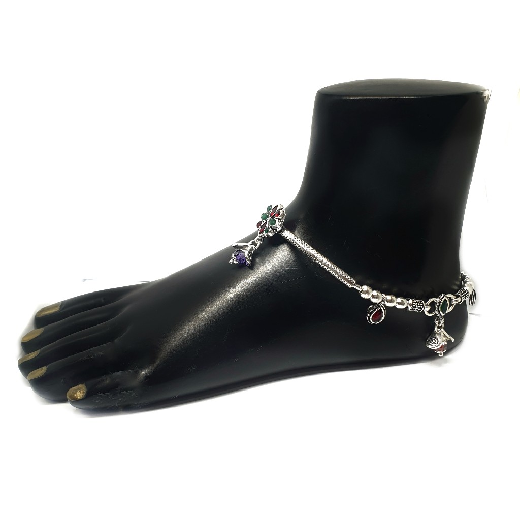 Flower Shaped Red And Green Diamond Silver Anklet Payal MGA - PLS0175