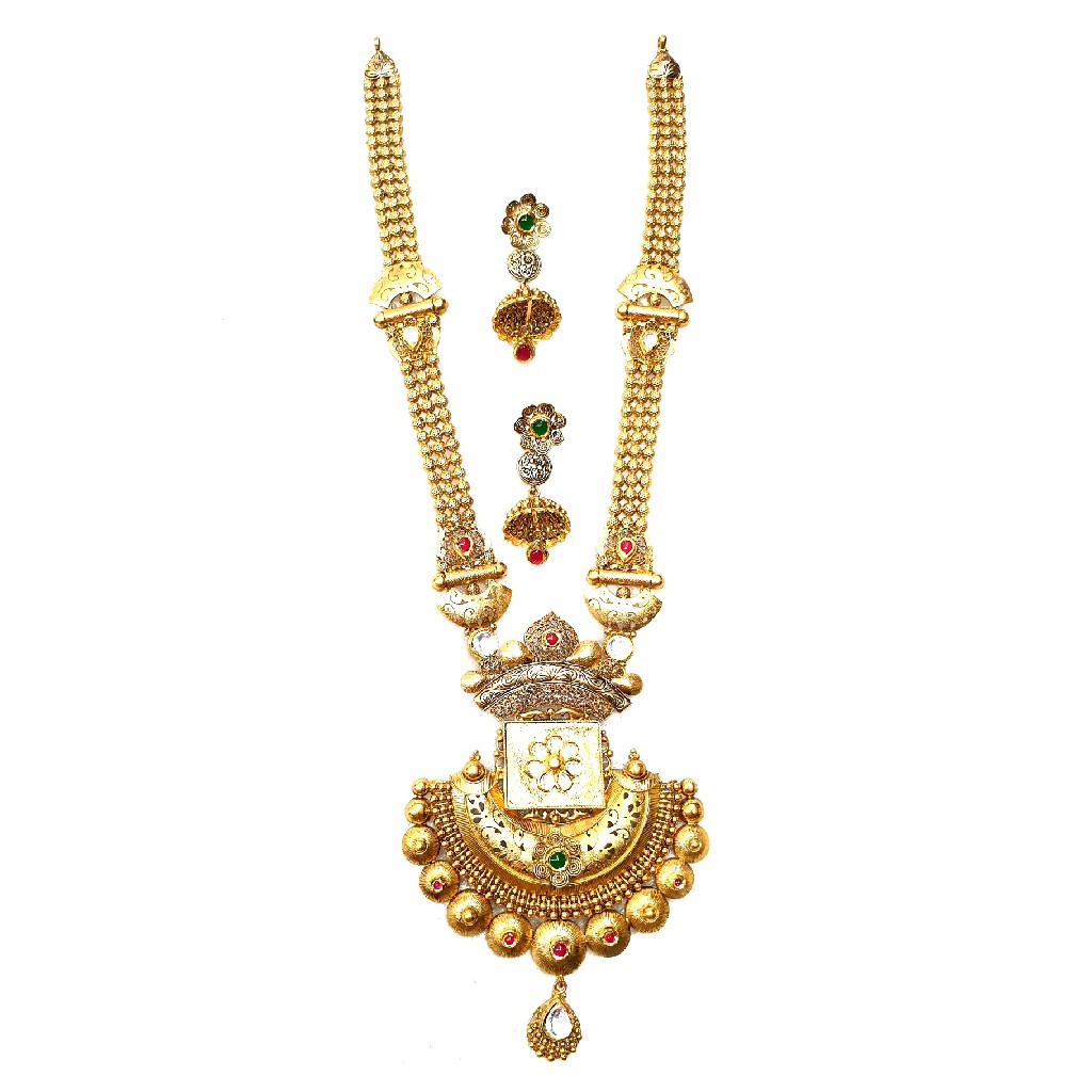 916 Gold Rajputana Style Antique Necklace With Earrings MGA - GLS095