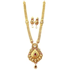 22k Gold Antique Long Necklace With Earrings MGA - GLS094