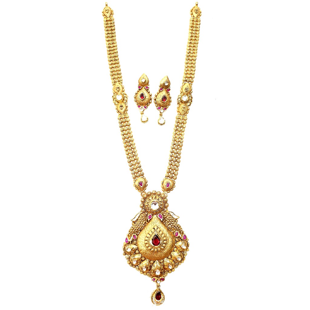 22k Gold Antique Long Necklace With Earrings MGA - GLS094