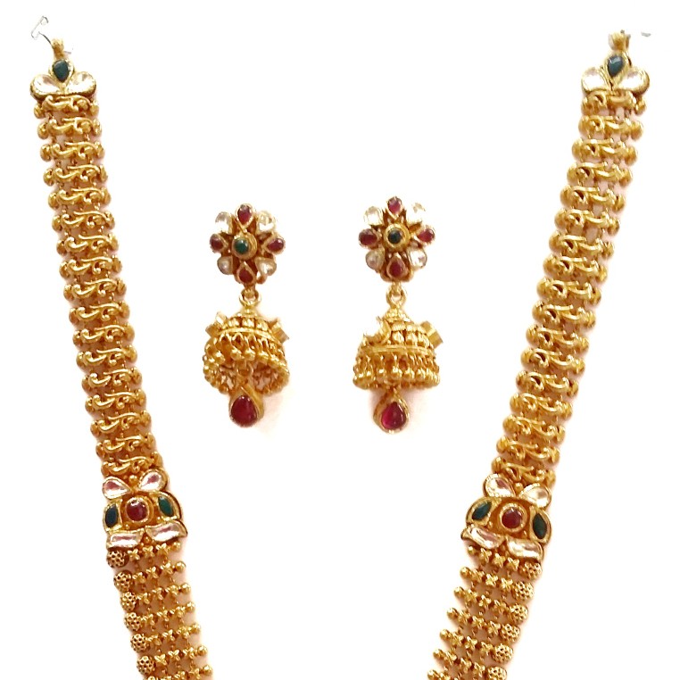 22k Gold Long Rajwadi Necklace With Jummar Buti MGA - GLS077 - Image 3