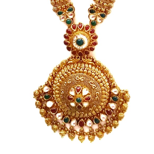 22k Gold Long Rajwadi Necklace With Jummar Buti MGA - GLS077 - Image 2