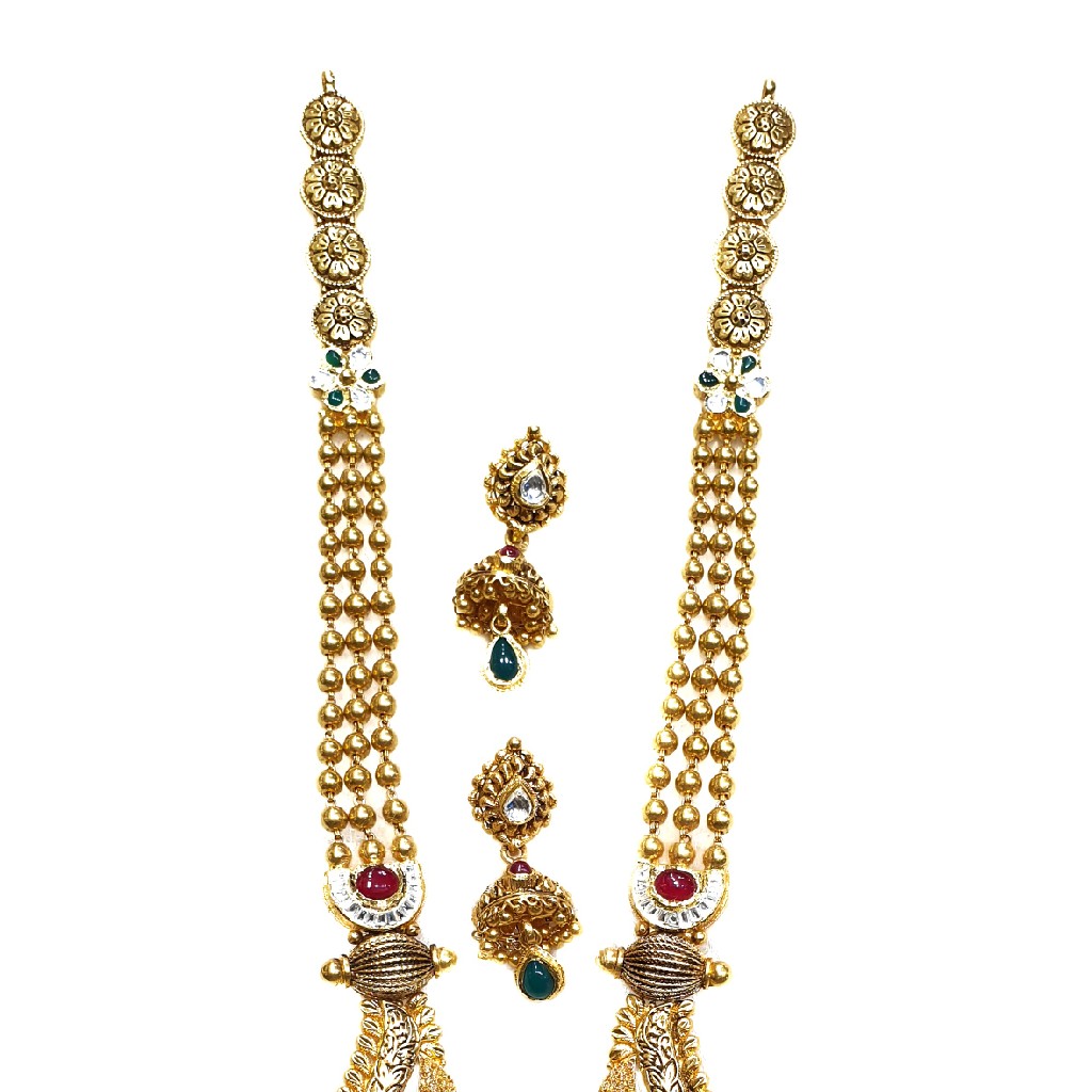 22k Gold Antique Rajwadi Necklace With Earrings MGA - GLS072 - Image 3