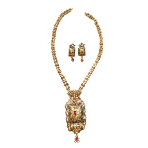 22k Gold Antique Designer Mala Necklace With Earrings MGA - GLS067