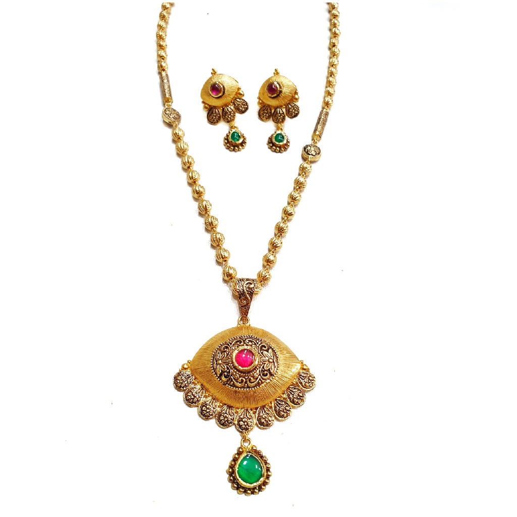 22k Gold Antique Designer Mala Necklace With Earrings MGA - GLS063