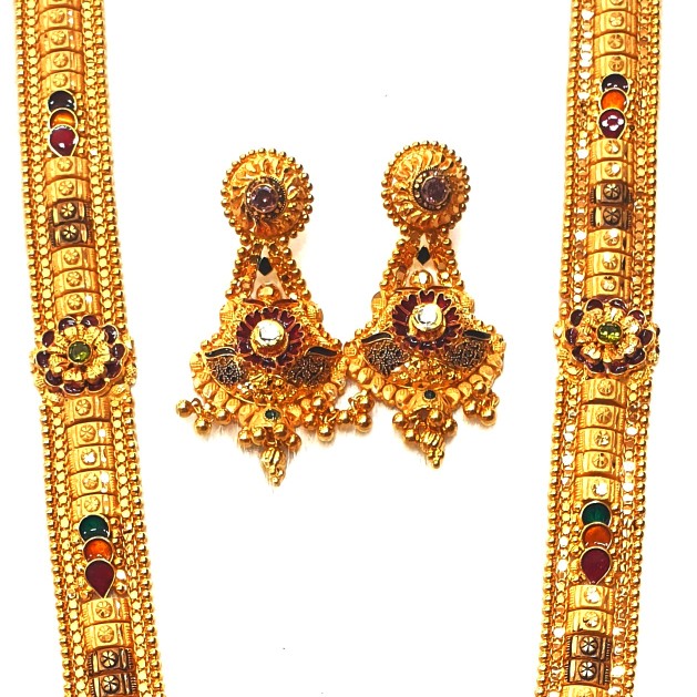 22k Gold Flower Shaped Long Necklace With Earrings MGA - GLS059 - Image 3