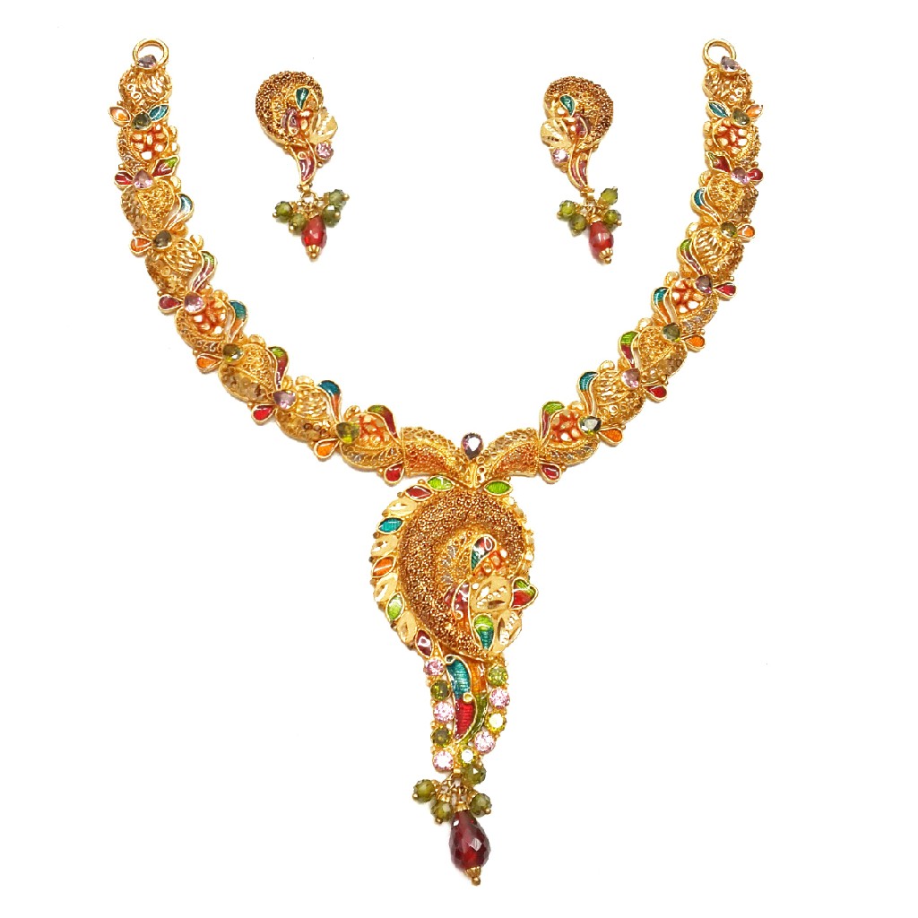 22k Gold Modern Style Minakari Necklace Set MGA - GN063