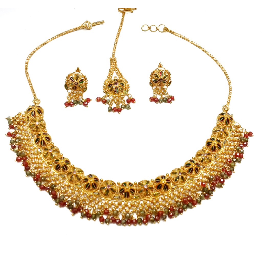 22k gold multi meenakari flower shaped necklace set mga - gn052