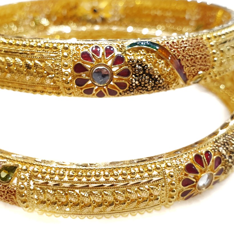 916 Gold Kalkatti Meenakari Flower Shape Kada Bangles MGA - GP070 - Image 2