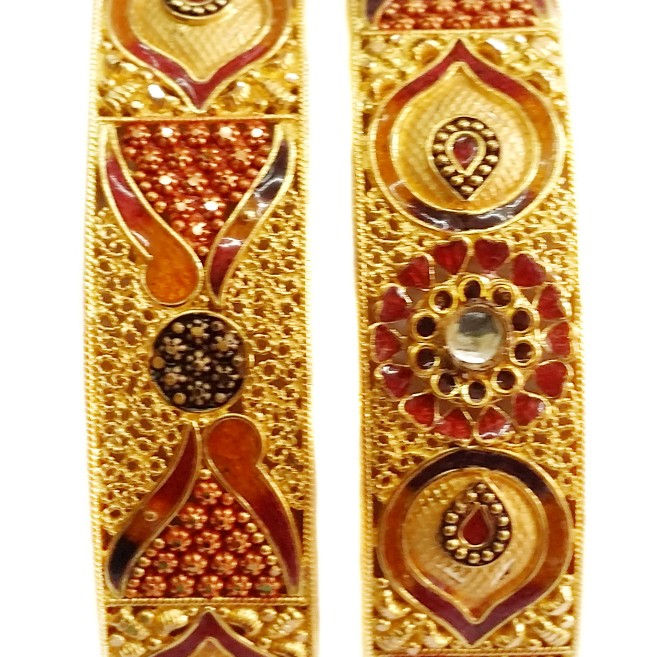 22k Gold Red Heart Shape Meenakari Flower Kada Bangles MGA - GP044 - Image 2