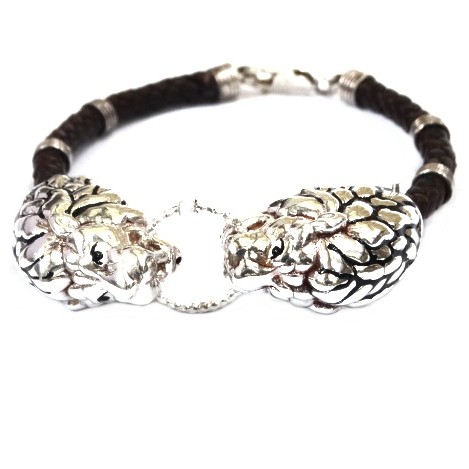 925 Sterling Silver Leather Belt Lion Bracelet MGA - KRS0106 - Image 2