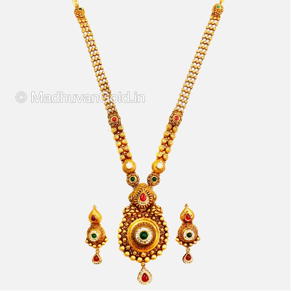 22K Gold Atractive Long Necklace With Earrings