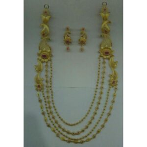 22KT Gold Ladies Indian Antique Flower Design 4 Line Necklace Set