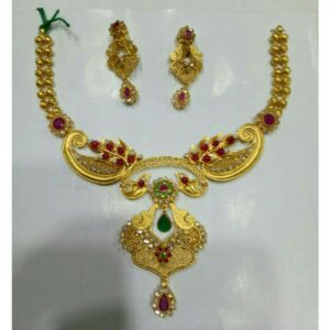 22KT Yellow Gold Antique Polki Flower Design Short Necklace Set