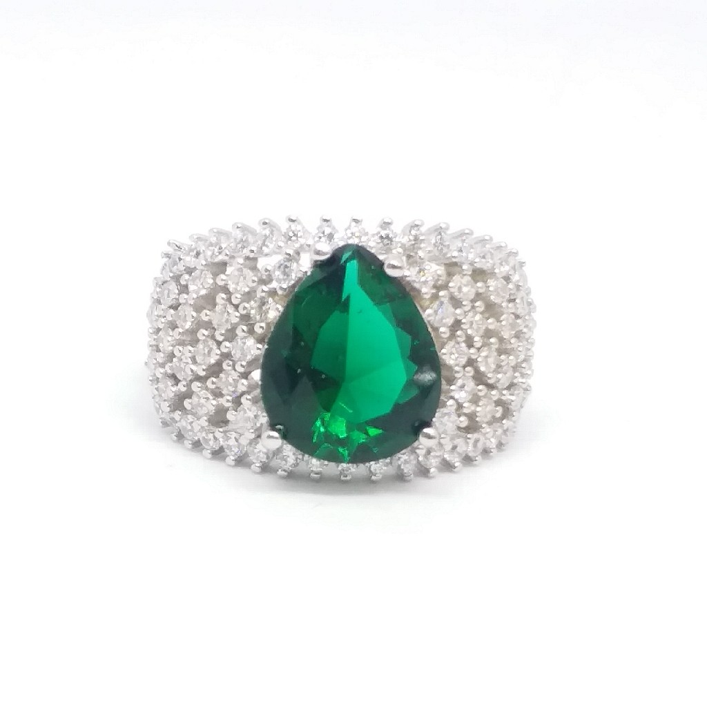 925 Sterling silver Diamond ladies party wear green stone ring